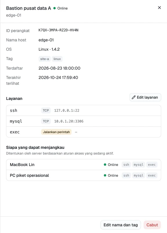 Detail gateway: SSH lokal, MySQL di LAN, dan klien yang diizinkan aturan.