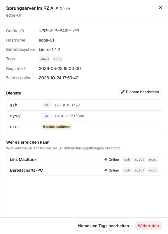 Gateway-Details: lokales SSH, MySQL im LAN und durch Regeln zugelassene Clients.