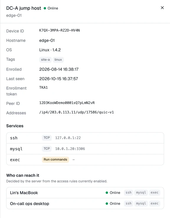 Gateway details: local SSH and a MySQL server on the LAN, plus the clients the rules allow to reach it.