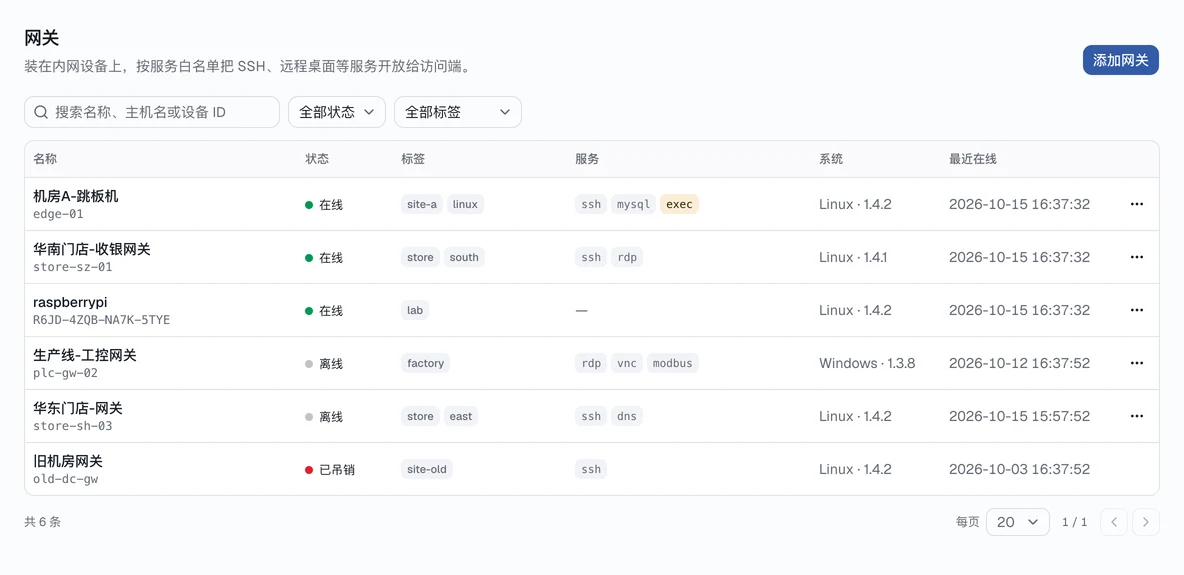 网关列表：在线状态、标签与开放的服务一屏可见。