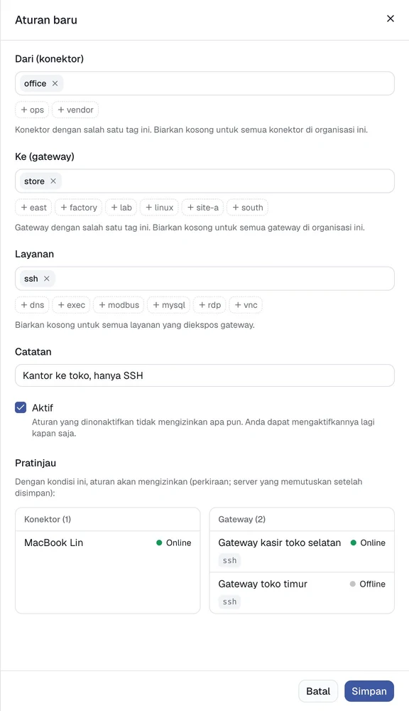 Pratinjau klien dan gateway yang akan diizinkan aturan.