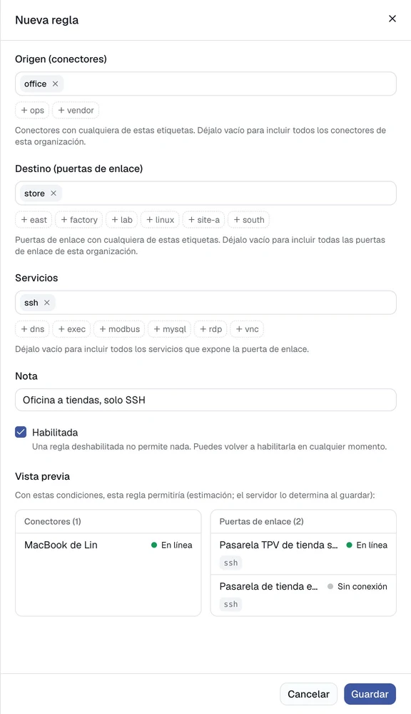 Vista previa de los clientes y pasarelas que permitirá una regla.