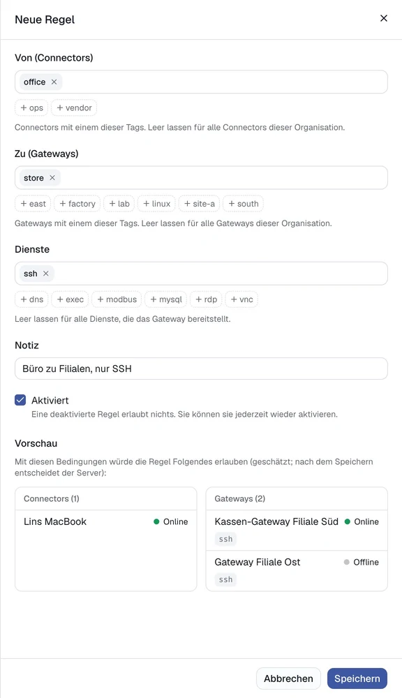 Vorschau der durch eine Regel erlaubten Clients und Gateways.